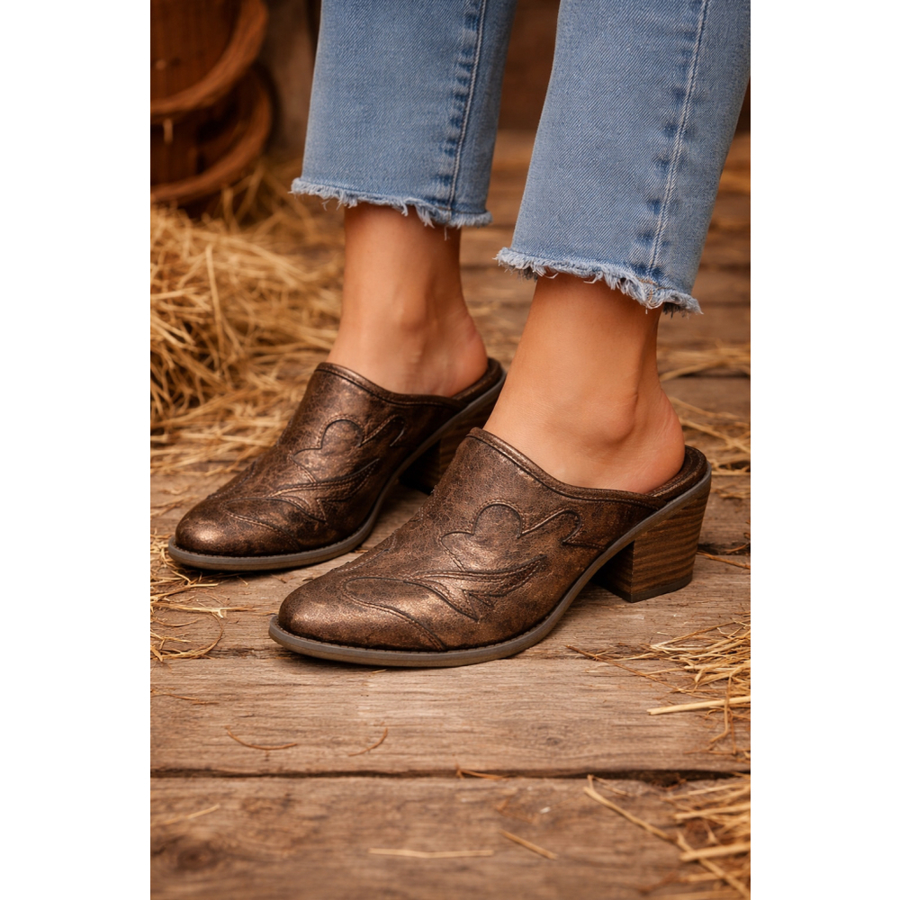 🛍️Bundle sale🛍️Western Mule Heels Brown Faux Leather Cowboy Slip On Size 7